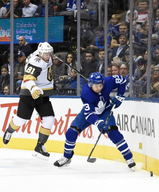 Vegas Golden Knights center Jonathan Marchessault (81) jumps as he puts pressure on Toronto Map ...