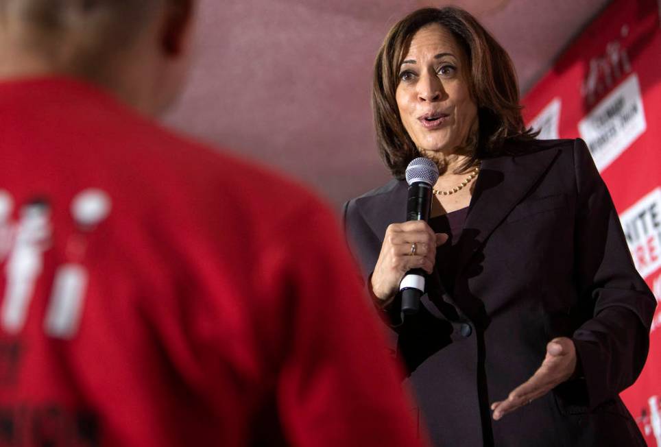 Sen. Kamala Harris speaks to an audience member who had a question during UNITE HERE's town hal ...