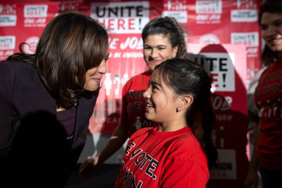 Kimberly Arizmendi, 8, meets presidential candidate Kamala Harris after a town hall hosted by U ...