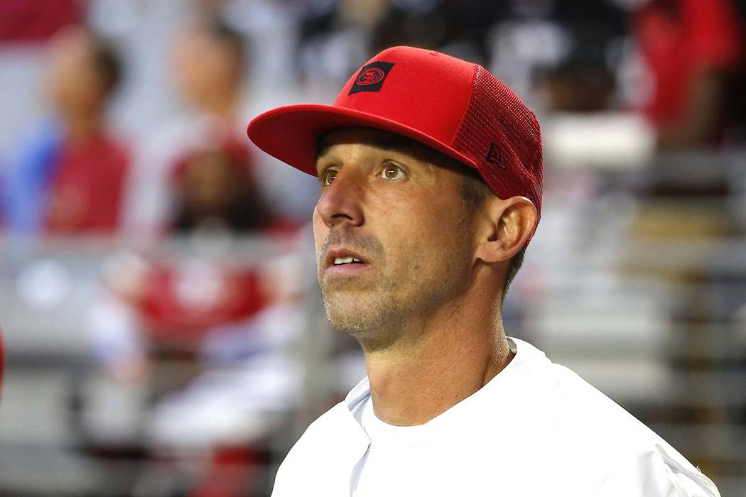 San Francisco 49ers head coach Kyle Shanahan during the first half of an NFL football game agai ...