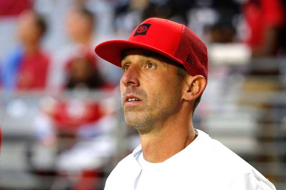 San Francisco 49ers head coach Kyle Shanahan during the first half of an NFL football game agai ...