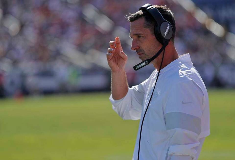 San Francisco 49ers head coach Kyle Shanahan during the second half of an NFL football game aga ...