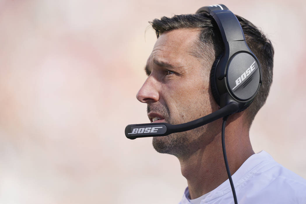 San Francisco 49ers head coach Kyle Shanahan watches during the second half of an NFL football ...