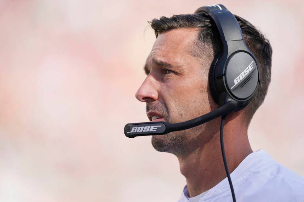 San Francisco 49ers head coach Kyle Shanahan watches during the second half of an NFL football ...