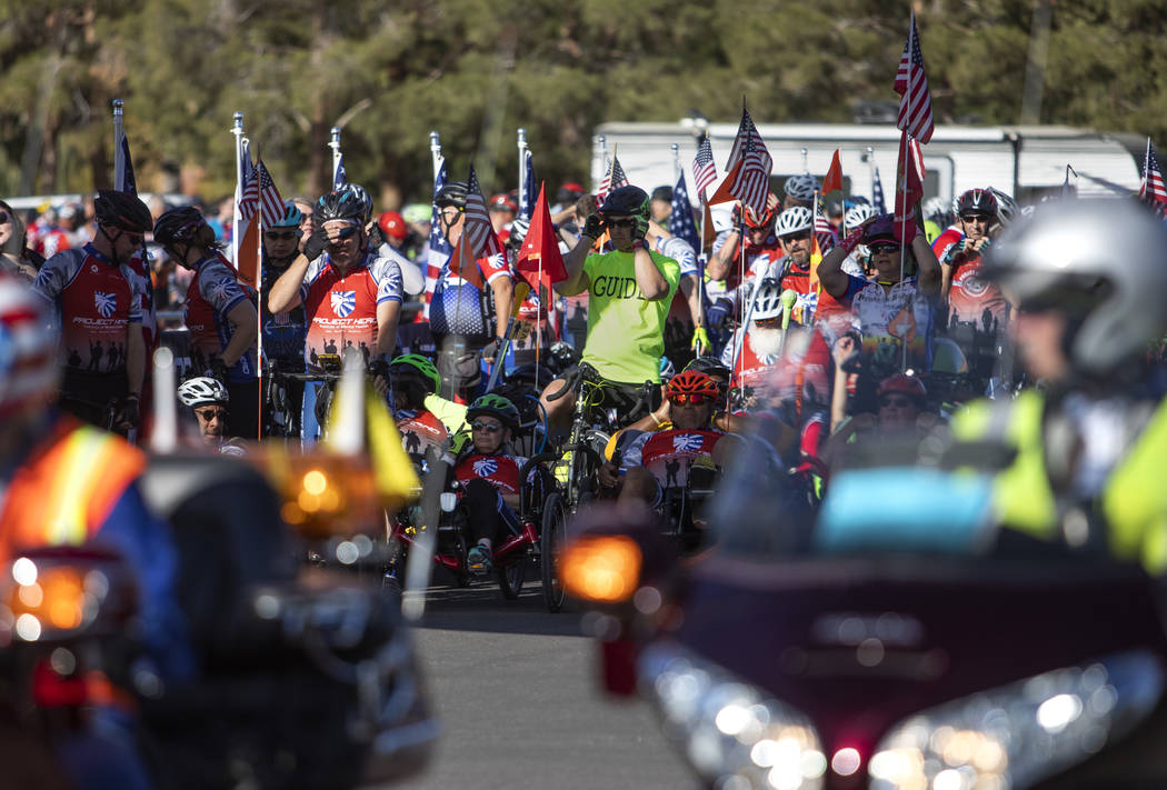 Participants in the Las Vegas Honor Ride await the start of the ride on Saturday, Nov. 9, 2019, ...