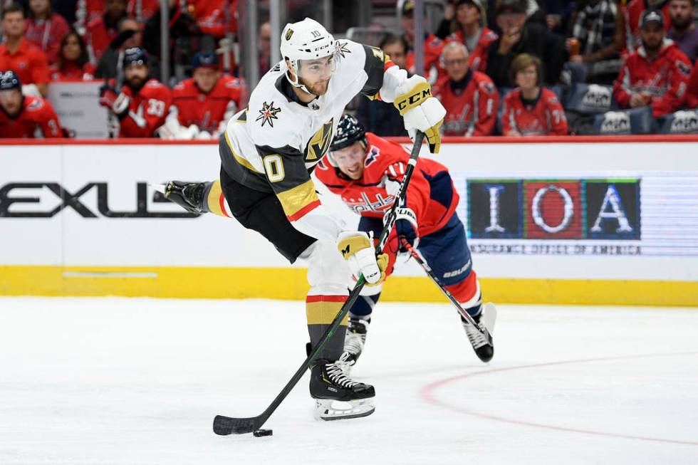 Washington Capitals center Lars Eller (20), of Denmark, and Vegas Golden Knights left wing Will ...