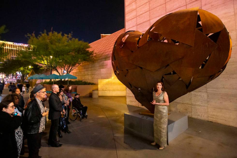 Artist Katy Boynton speaks during a dedication ceremony for the "Heartfullness Vegas" ...