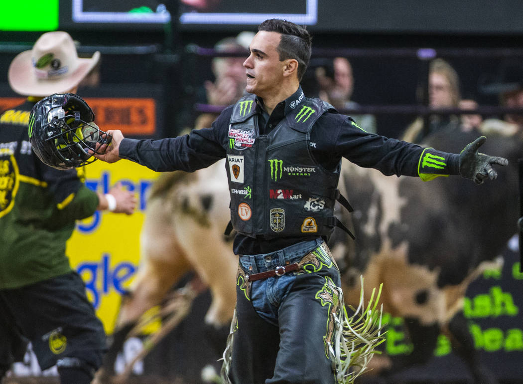 Jose Vitor Leme celebrates keeping his first place spot after riding BootDaddy.com during the f ...