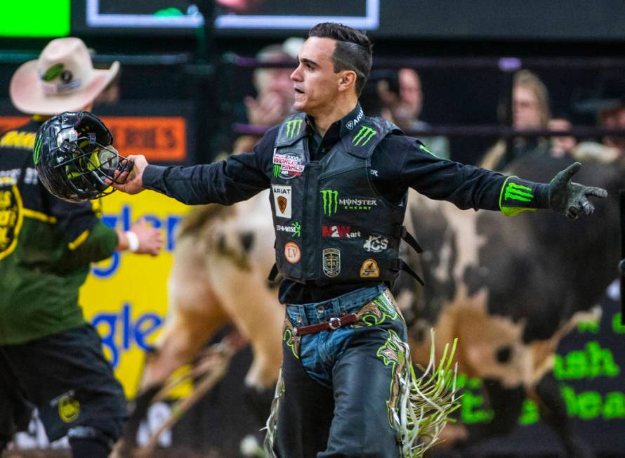 Jose Vitor Leme celebrates keeping his first place spot after riding BootDaddy.com during the f ...