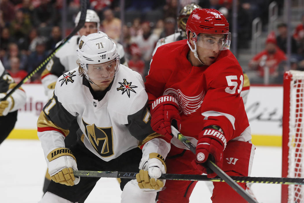 Vegas Golden Knights center William Karlsson (71) and Detroit Red Wings center Valtteri Filppul ...