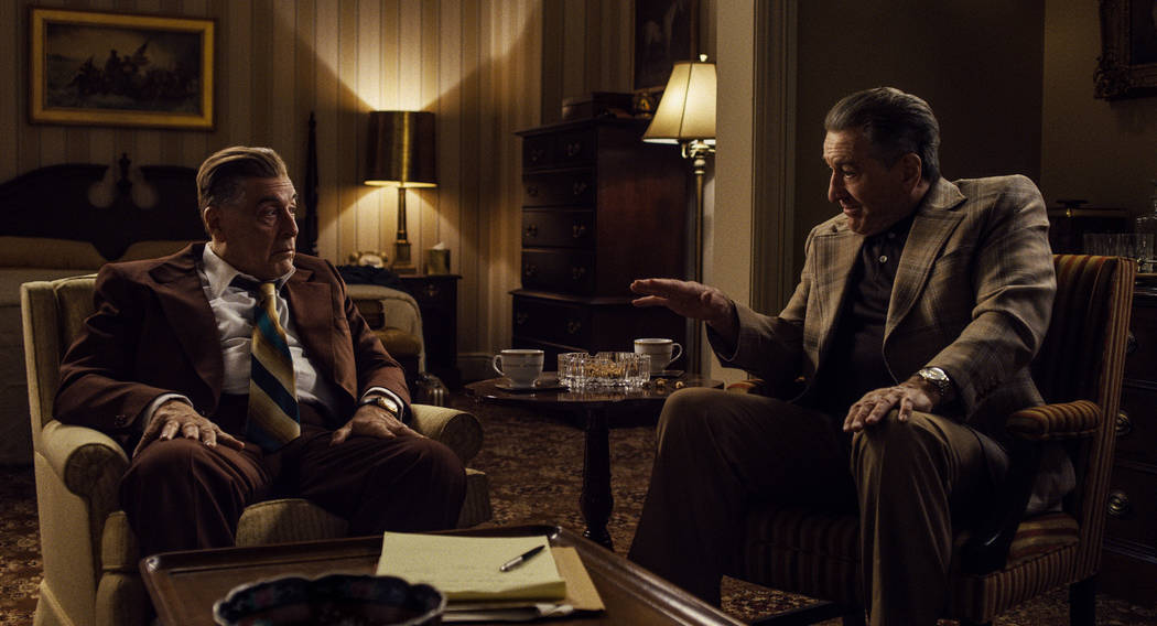 Jimmy Hoffa (Al Pacino) and Frank Sheeran (Robert De Niro) debate Hoffa’s next move. &#x ...