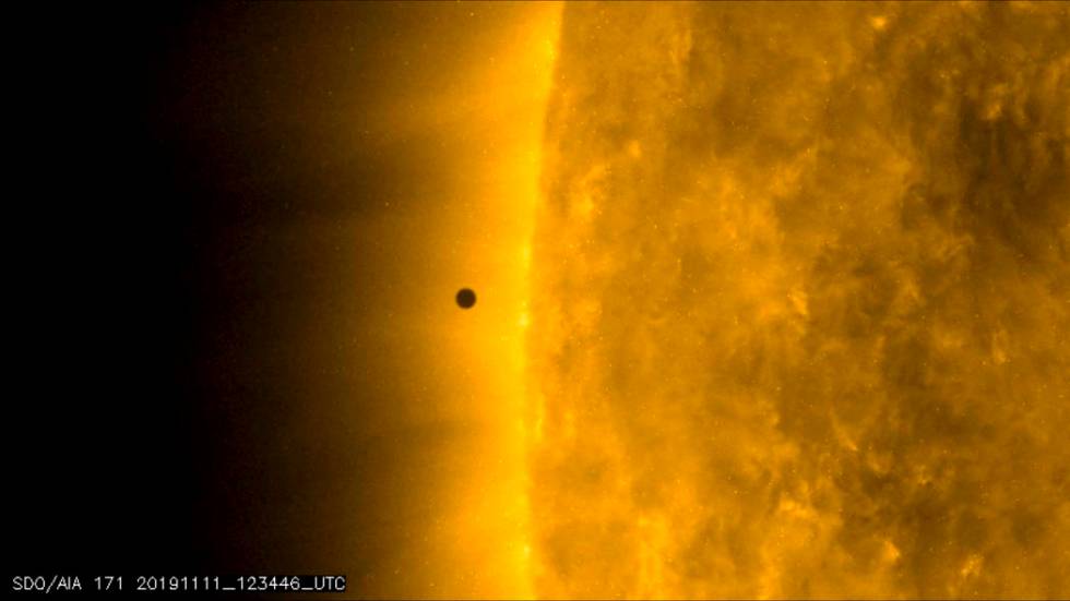 This still image from video issued by NASA's Solar Dynamics Observatory shows Mercury as it pas ...