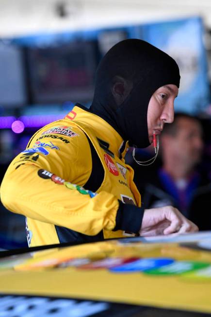 Kyle Busch prepares for NASCAR Cup Series auto racing practice at Texas Motor Speedway on Frida ...