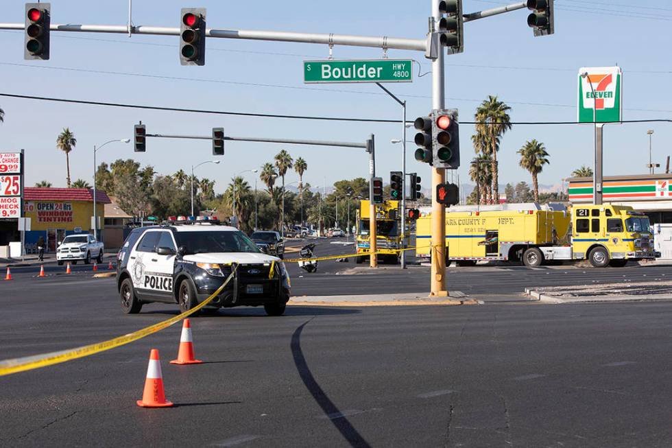 Police block off the scene of a suspected DUI crash on Saturday, Nov. 9, 2019, on East Flamingo ...