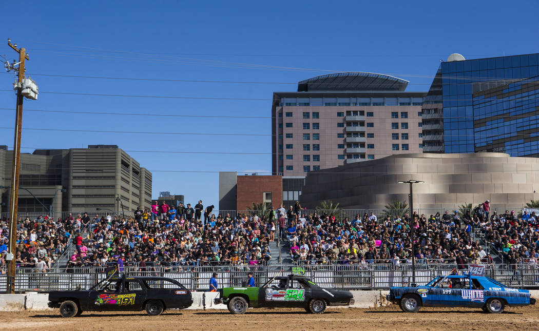 Drivers prepare to compete during the inaugural Casino Battle Royale Demolition Derby at the Co ...