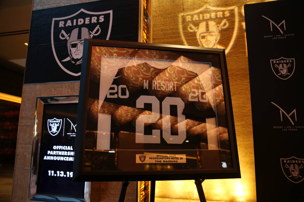 A custom M Resort Raiders jersey on display during a press conference announcing a partnership ...