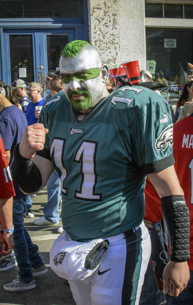 Philadelphia Eagles fan Jamie Pagliei supports his team during the NFL Draft, Friday, April 26, ...