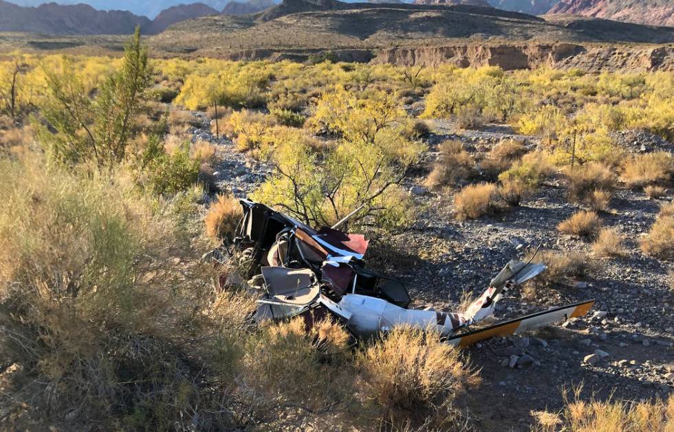 Debris from a helicopter crash near Red Rock Canyon on Wednesday, Oct. 23, 2019. (Nevada Highwa ...