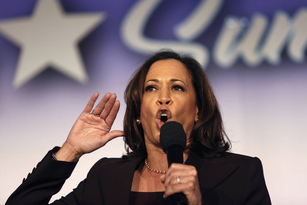 FILE - In this Oct. 4, 2019, file photo, Democratic presidential candidate Sen. Kamala Harris, ...