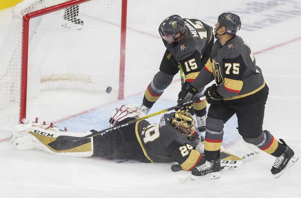 Vegas Golden Knights goaltender Marc-Andre Fleury (29), Vegas Golden Knights right wing Ryan Re ...