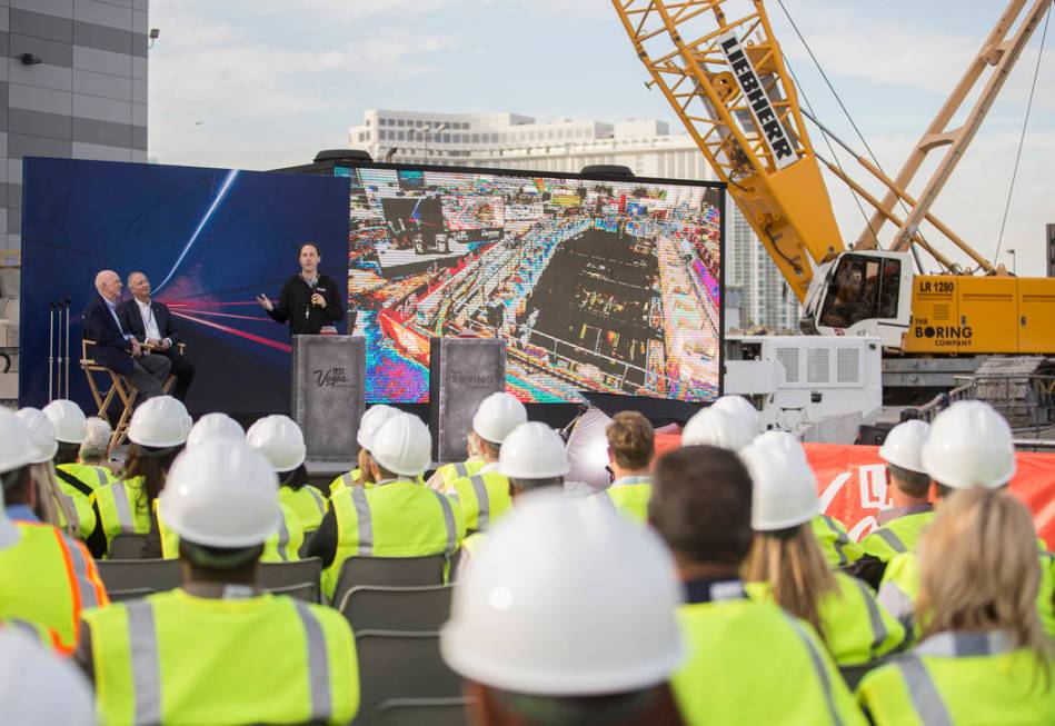 The Boring Company president Steve Davis, top/middle, speaks at the future location of one of t ...