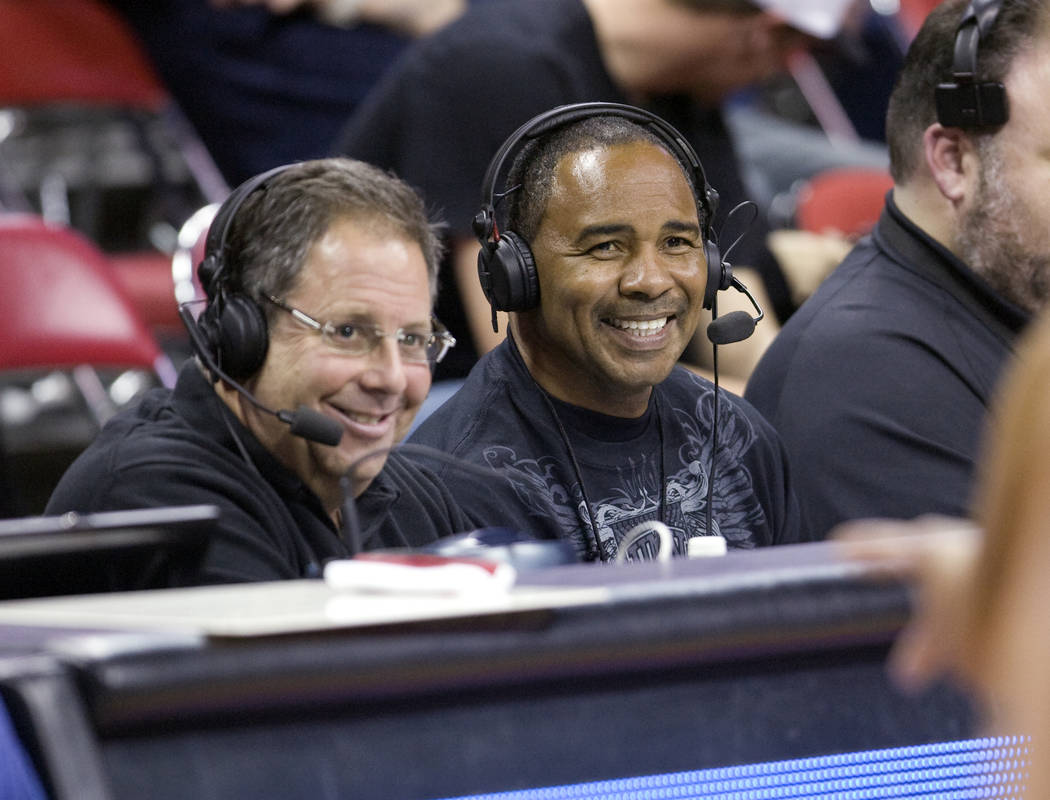 Former UNLV point guard Robert Smith, right, joins play-by-play man Jon Sadler as the Rebels' r ...