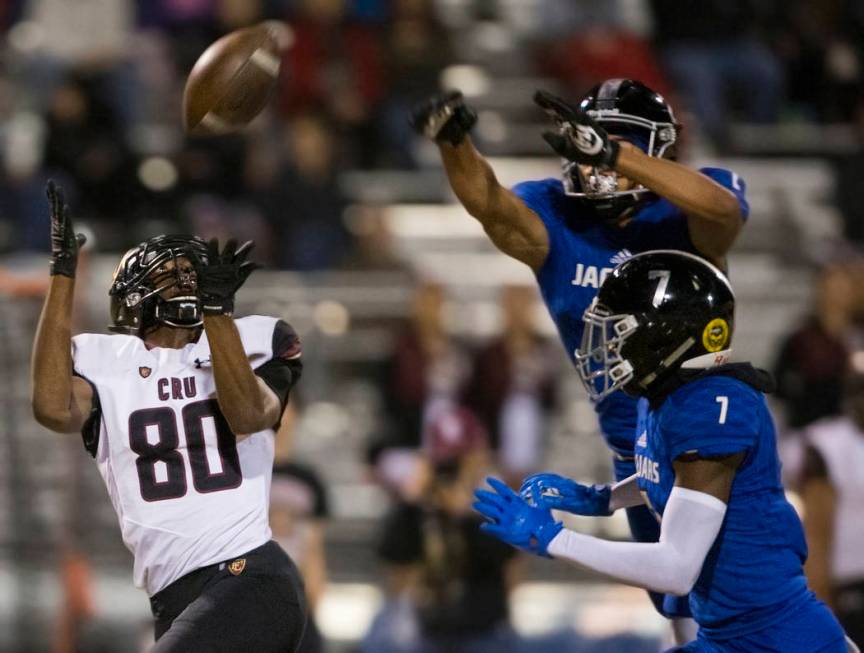 Faith Lutheran junior wide receiver Quenton Rice (80) makes a big catch over Desert Pines junio ...