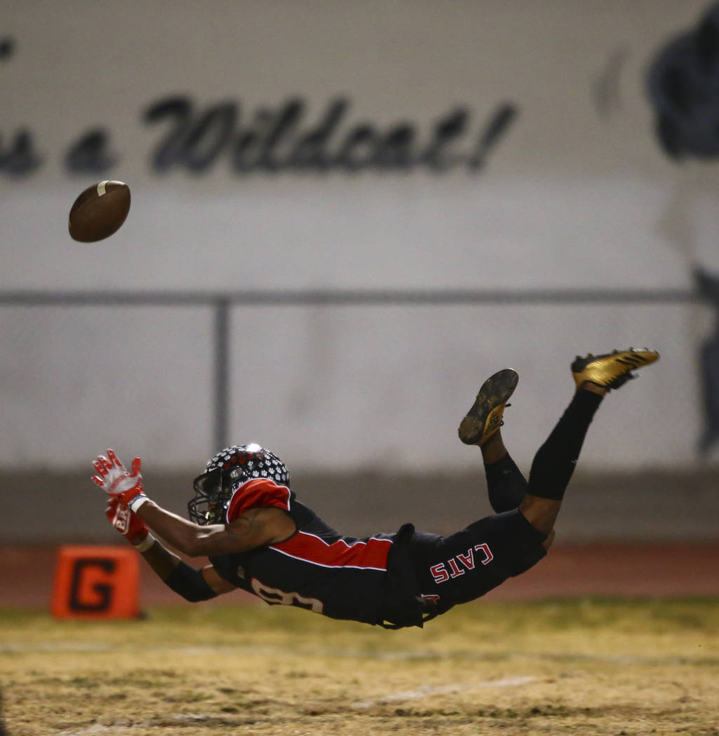 Las Vegas' Devyn Perkins (9) fumbles a catch just outside of the end zone during the first half ...
