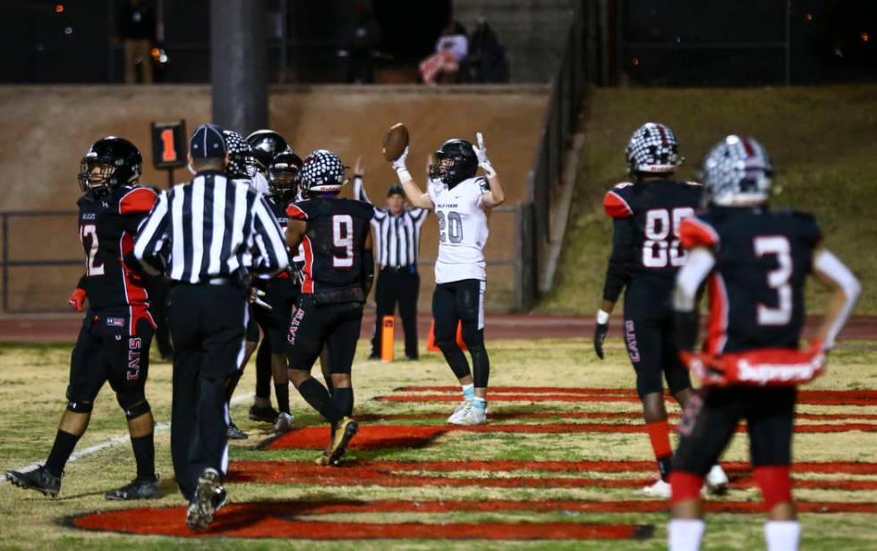 Palo Verde's Luca Mauriello (20) celebrates after scoring a touchdown against Las Vegas during ...