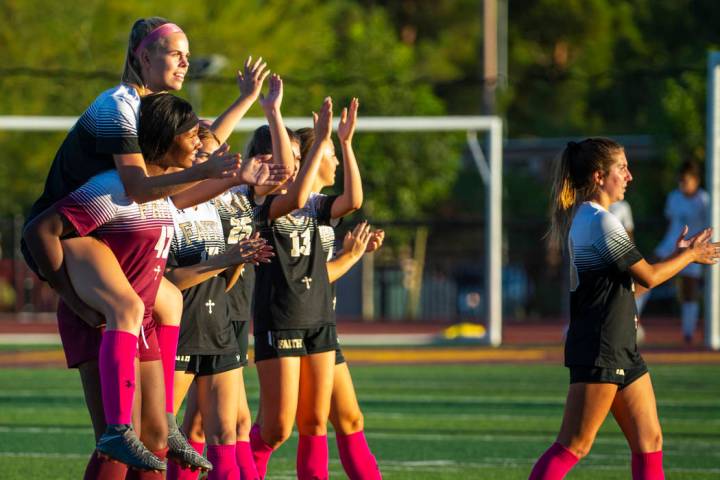 Members of the Faith Lutheran girls soccer team, shown Monday, Oct. 7, 2019, in Las Vegas. (L.E ...