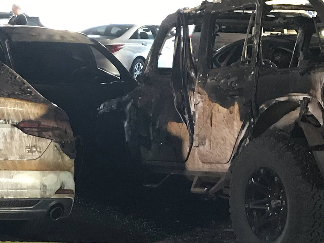 The aftermath of a car fire at McCarran International Airport Terminal 3 parking garage. (Julie ...