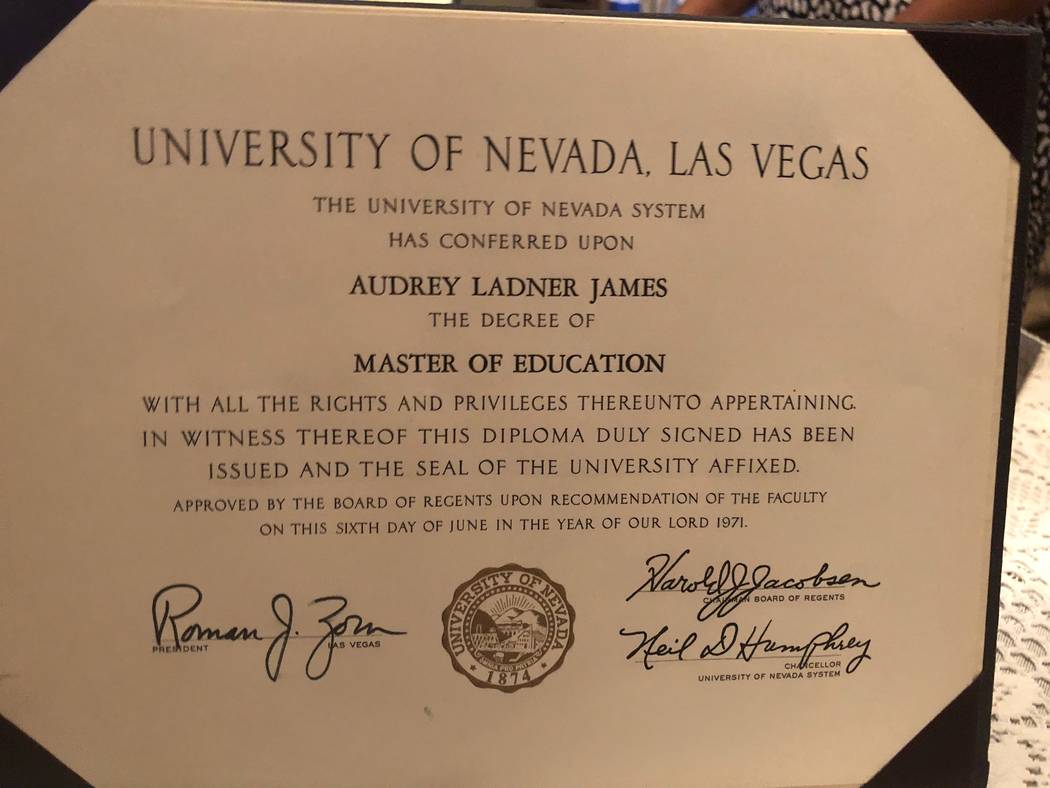 Audrey James' UNLV master's degree from 1971 is shown. (Courtesy)