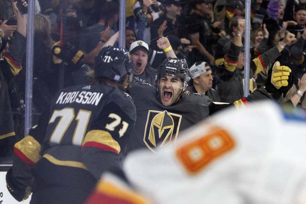 Golden Knights left wing Max Pacioretty (67) celebrates after scoring the third goal of the gam ...