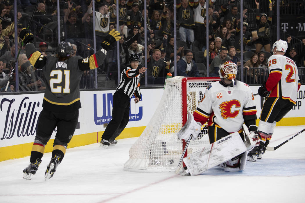 Golden Knights center Cody Eakin (21) cheers after scoring a goal during the third period of th ...