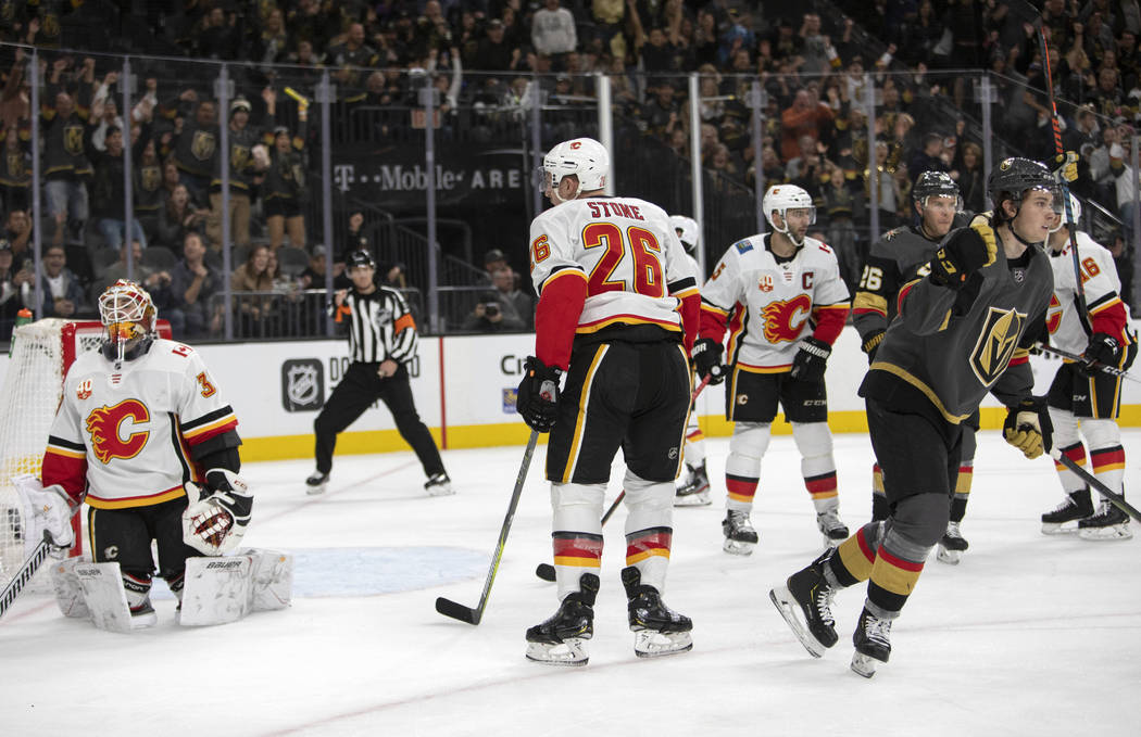 Golden Knights center Cody Glass (9) celebrates after scoring during the third period of their ...
