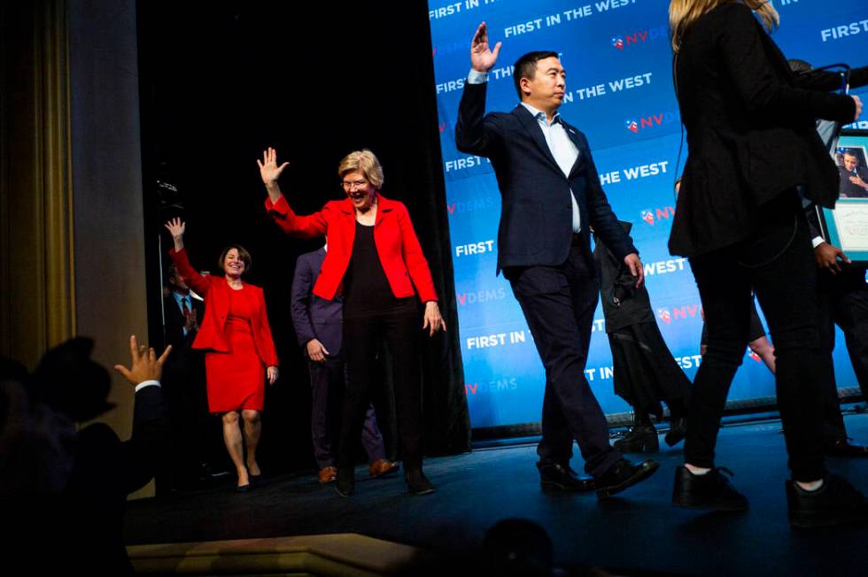 Democratic presidential candidates, from left, Sen. Amy Klobuchar, D-Minn., Sen. Elizabeth Warr ...