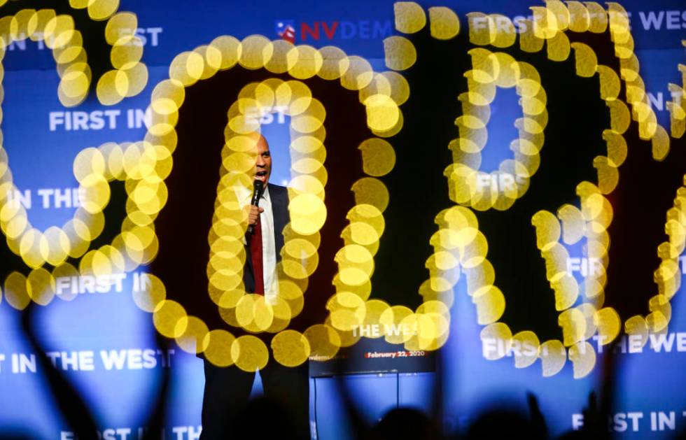 Democratic presidential candidate Sen. Cory Booker, D-N.J., speaks during the Nevada State Demo ...