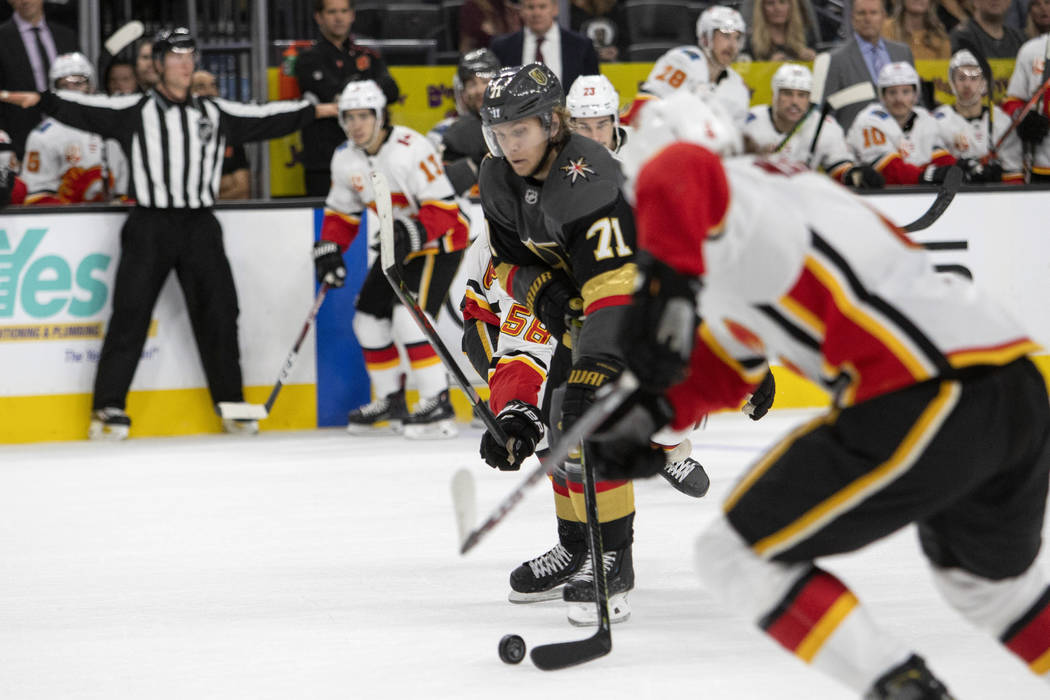 Golden Knights center William Karlsson (71) skates toward the goal before scoring the final goa ...