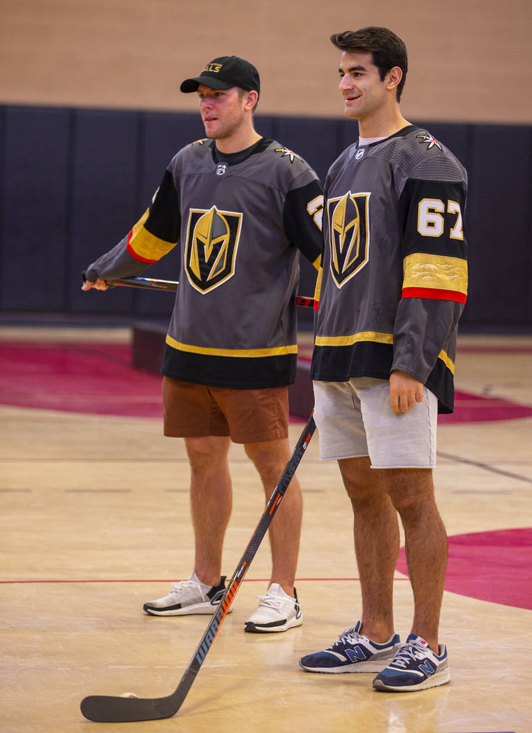 Vegas Golden Knights forwards Paul Stastny, left, and Max Pacioretty host a street hockey clini ...