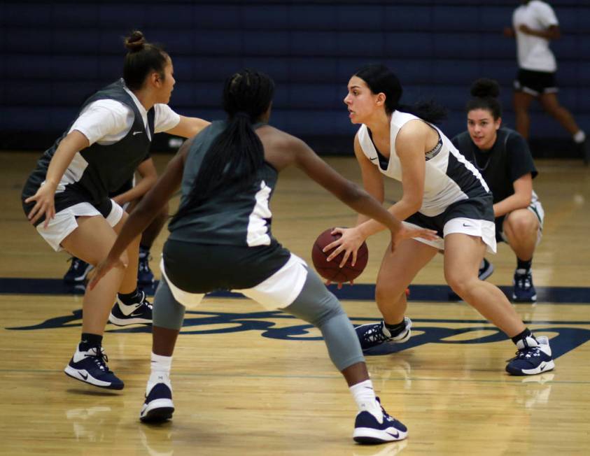 Centennial junior Aaliyah Ibarra dribbles the ball for a drill during varsity girls practice at ...