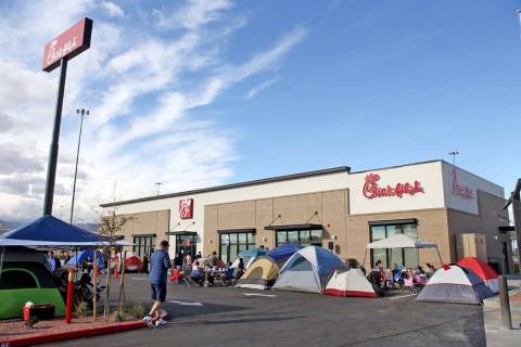Tents pitched outside the new Chick-fil-A on Rainbow Blvd. in Las Vegas, on its opening day in ...