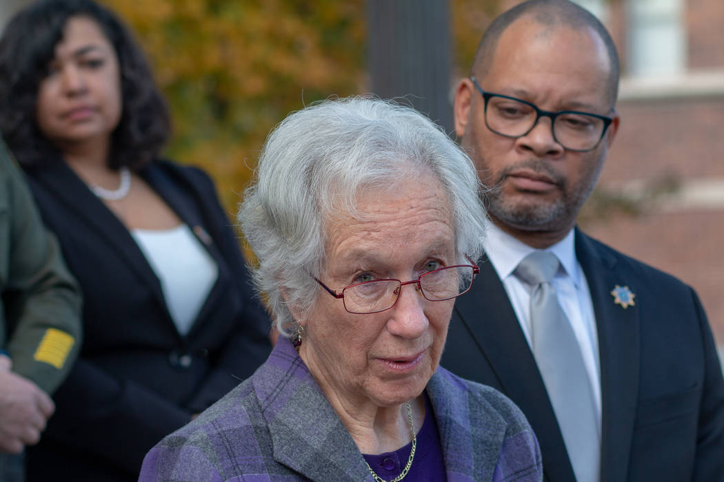 Cecily O'Connor, center, speaks during a press conference following the arraignment hearing for ...