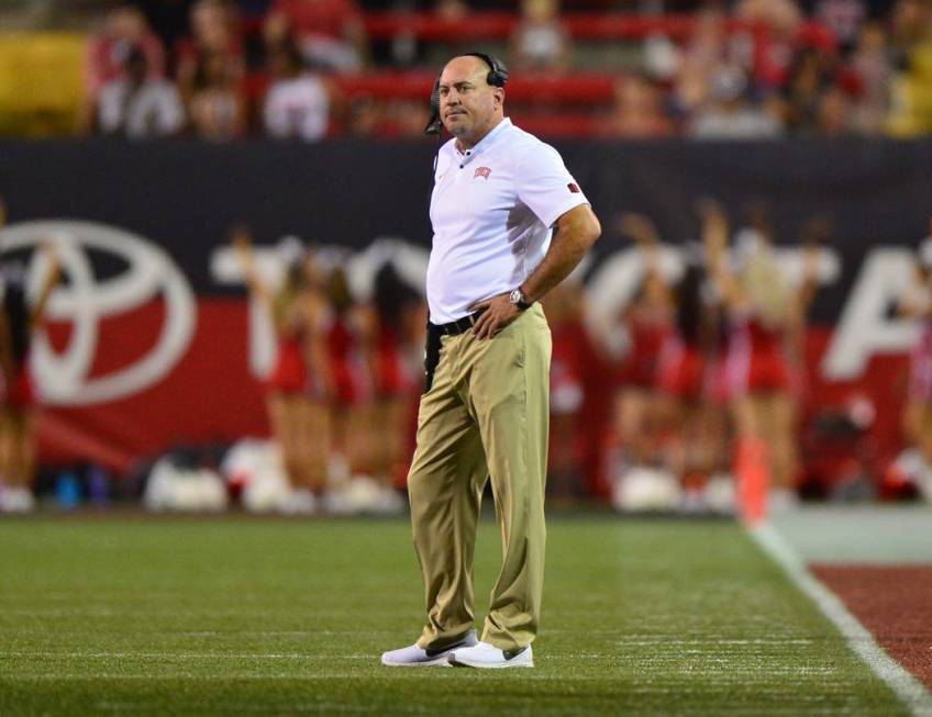 UNLV Rebels head coach Tony Sanchez watches his team play the UTEP Miners at Sam Boyd Stadium i ...