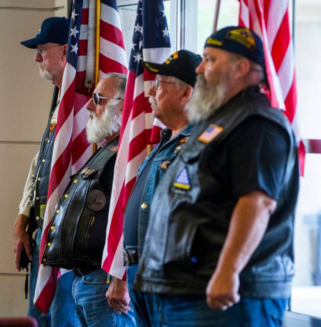 Nevada Patriot Guard Riders are the American flag holders during the third Missing in Nevada ce ...