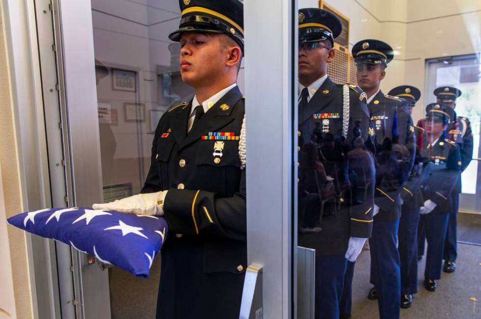 Army Honor Guard soldiers stand at the ready during the third Missing in Nevada ceremony at the ...