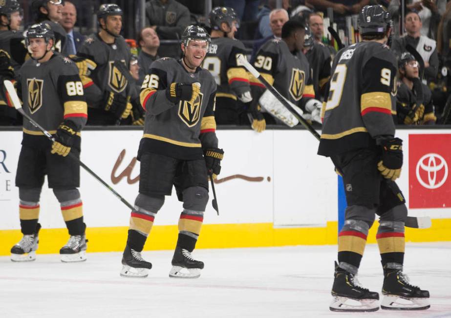 Vegas Golden Knights defenseman Nate Schmidt (88), Vegas Golden Knights center Paul Stastny (26 ...