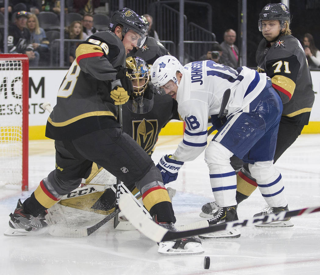 Vegas Golden Knights goaltender Marc-Andre Fleury (29) makes a save against Toronto Maple Leafs ...