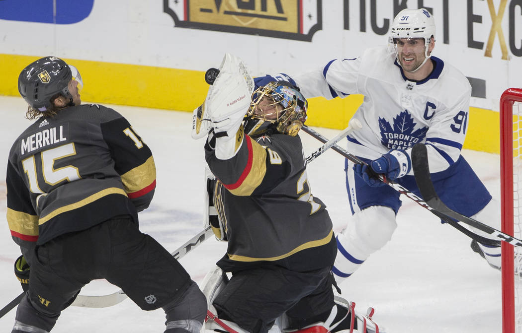 Vegas Golden Knights goaltender Marc-Andre Fleury (29) makes a save against Toronto Maple Leafs ...