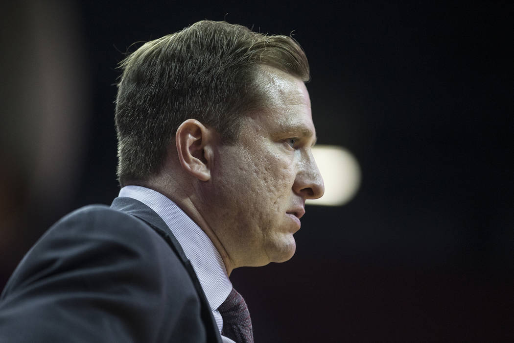 UNLV Rebels head coach T.J. Otzelberger watches as the final seconds tick down in the second ha ...