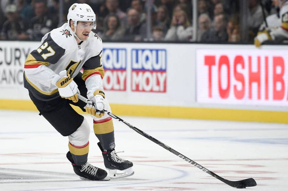 Vegas Golden Knights defenseman Shea Theodore in action during the third period of an NHL hocke ...